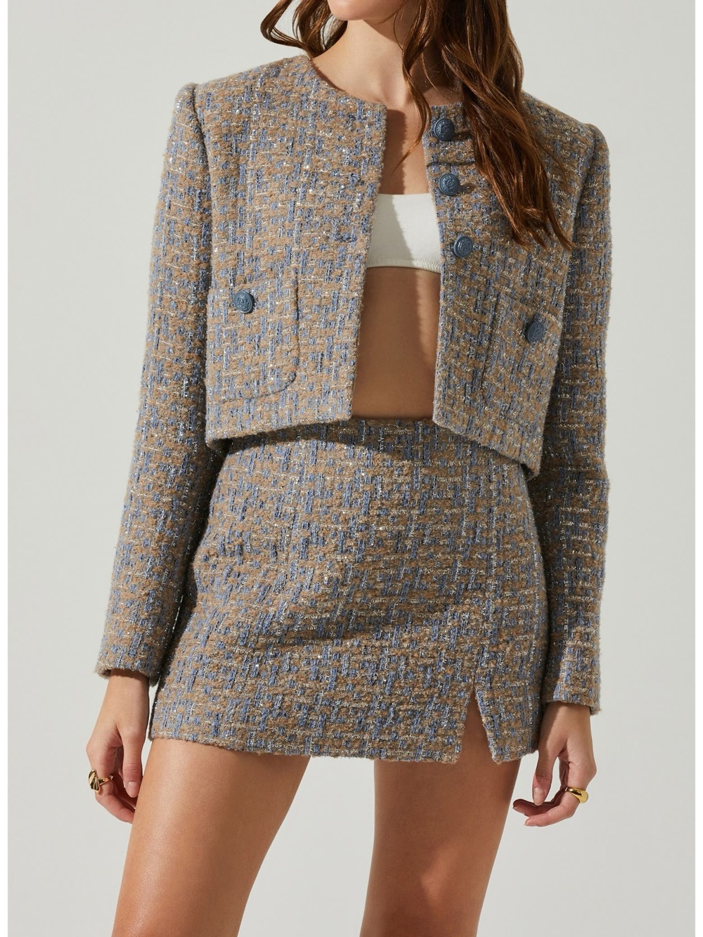 ASTR The Label Covina Tweed Miniskirt in Blue Taupe NWT Size Small